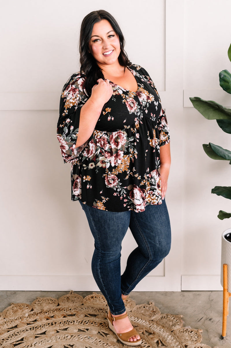 Bell Sleeve Babydoll Blouse In Black Garden Rose - Maple Row Boutique 