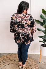 Bell Sleeve Babydoll Blouse In Black Garden Rose - Maple Row Boutique 