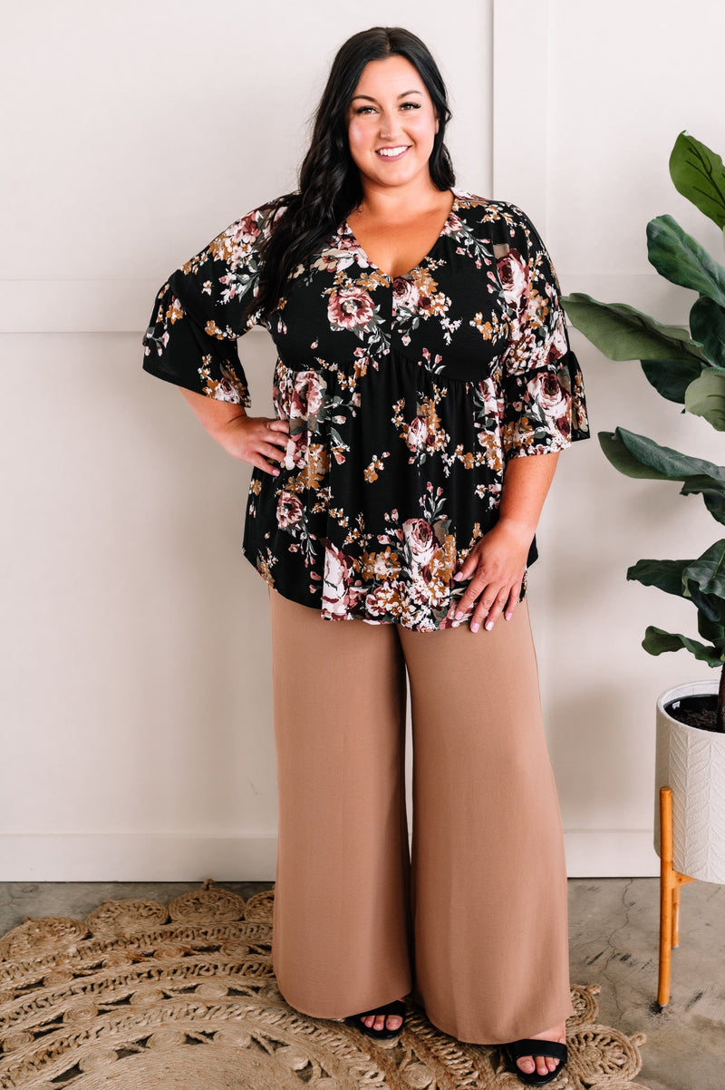Bell Sleeve Babydoll Blouse In Black Garden Rose - Maple Row Boutique 