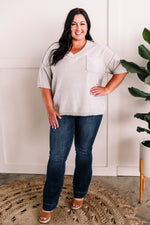 Knit, Short Sleeve Sweater With Seared Seams In Light Grey - Maple Row Boutique 