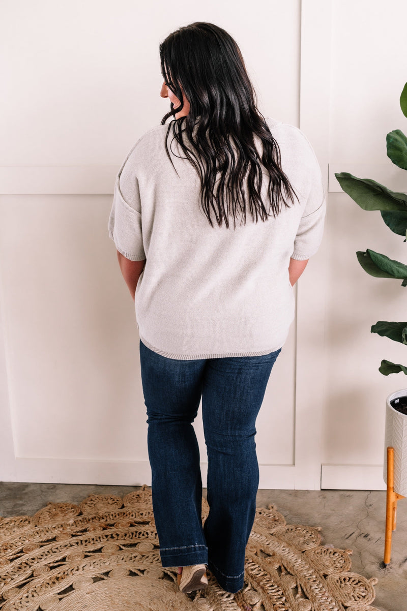 Knit, Short Sleeve Sweater With Seared Seams In Light Grey - Maple Row Boutique 