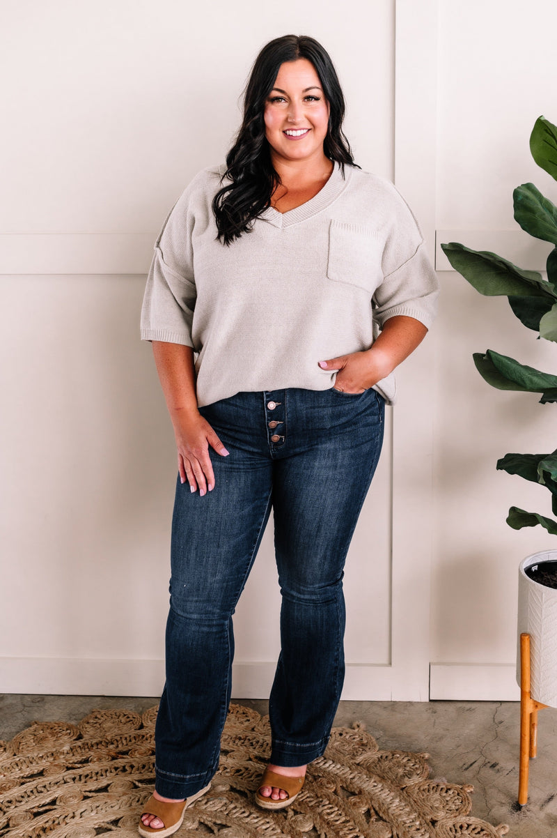 Knit, Short Sleeve Sweater With Seared Seams In Light Grey - Maple Row Boutique 
