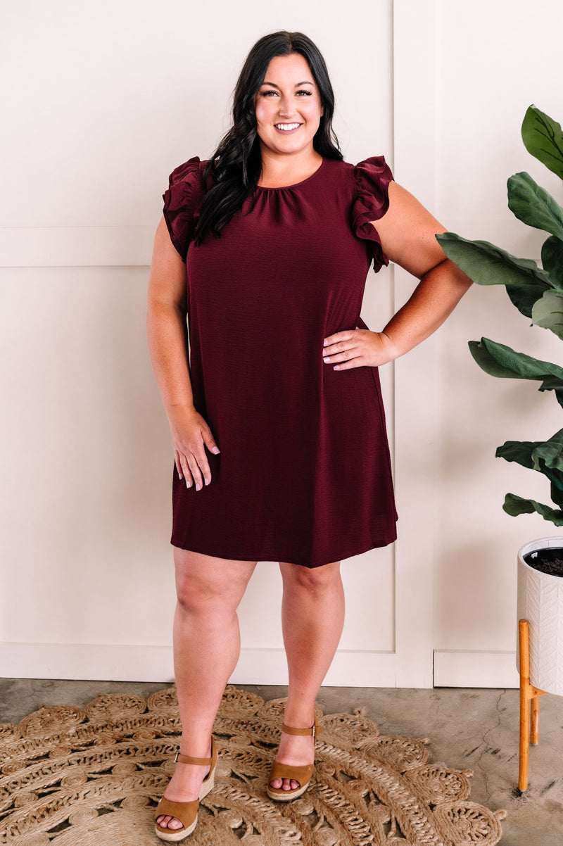 Double Ruffle Sleeve Shift Dress In Classic Merlot - Maple Row Boutique 