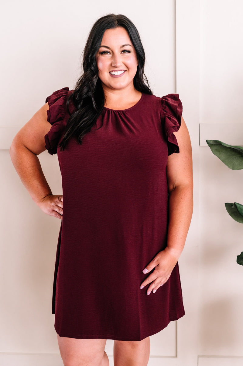 Double Ruffle Sleeve Shift Dress In Classic Merlot - Maple Row Boutique 