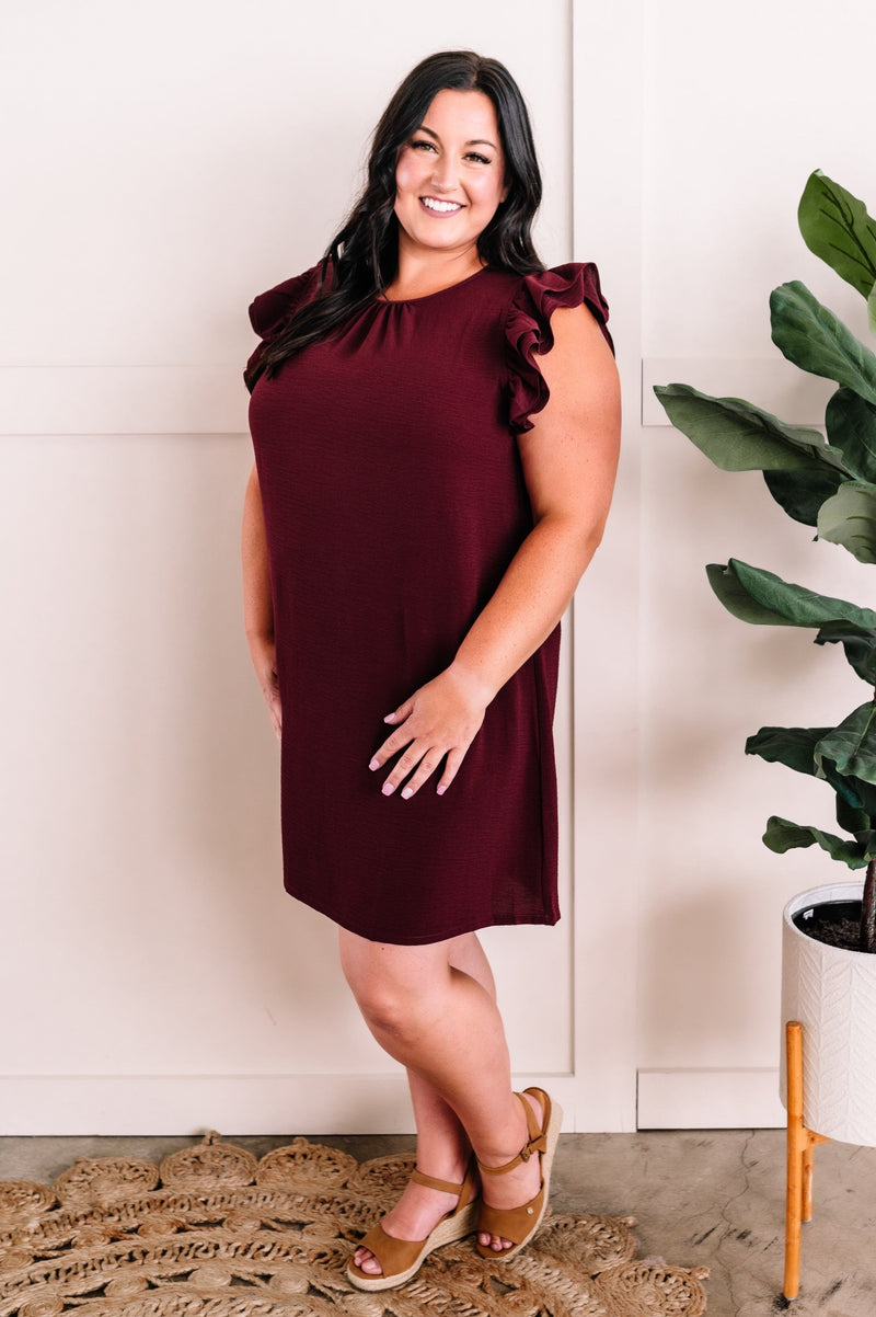 Double Ruffle Sleeve Shift Dress In Classic Merlot - Maple Row Boutique 