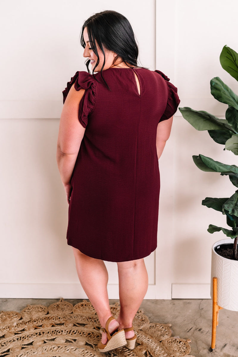 Double Ruffle Sleeve Shift Dress In Classic Merlot - Maple Row Boutique 
