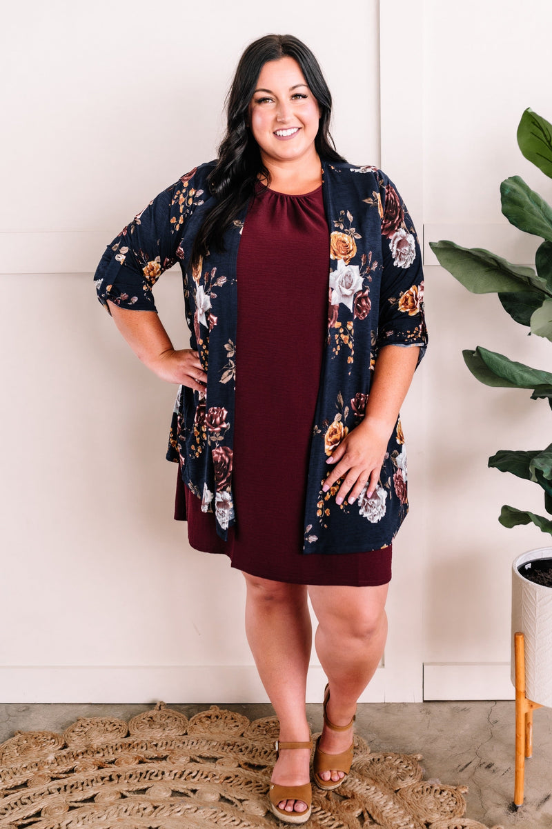 Double Ruffle Sleeve Shift Dress In Classic Merlot - Maple Row Boutique 