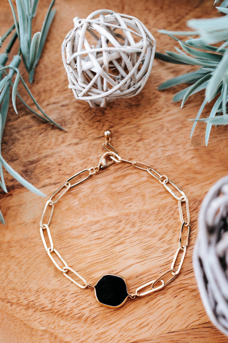 Open Chain Bracelet With Black Hexagon Detail In Gold - Maple Row Boutique 
