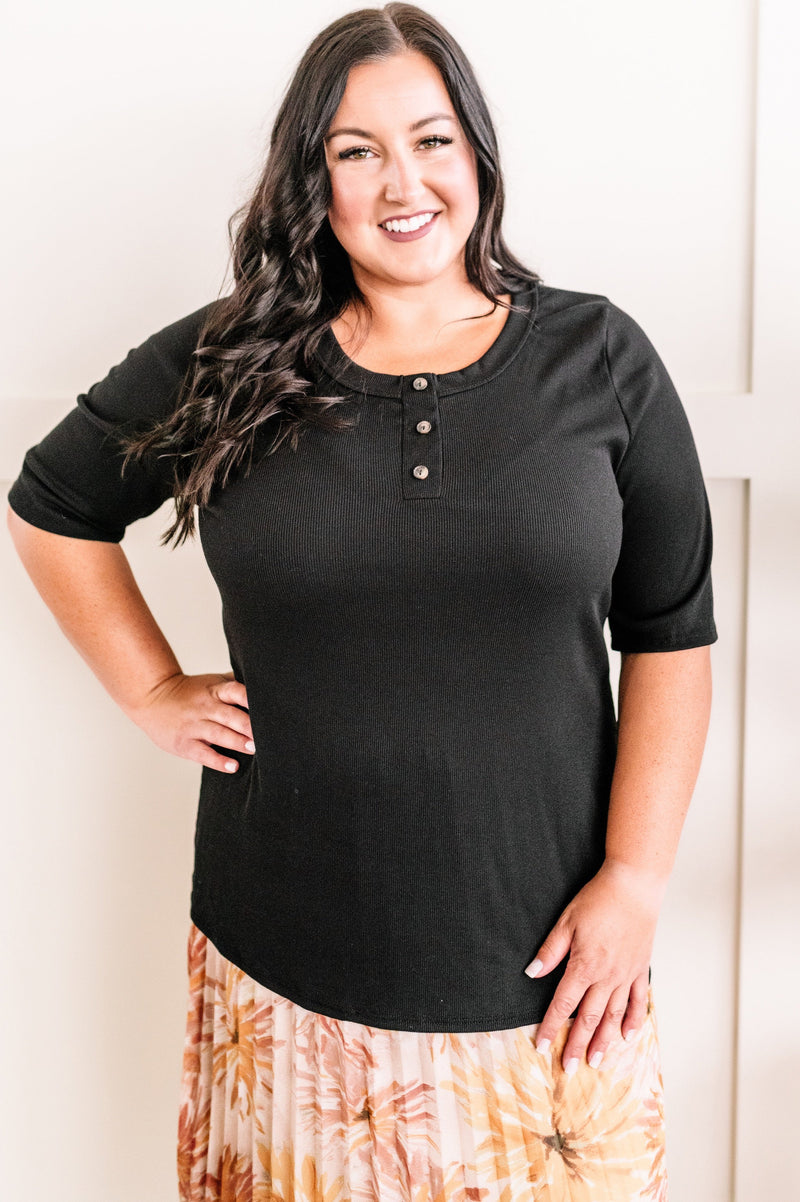 Decorative Button Front Henley Top In Black - Maple Row Boutique 