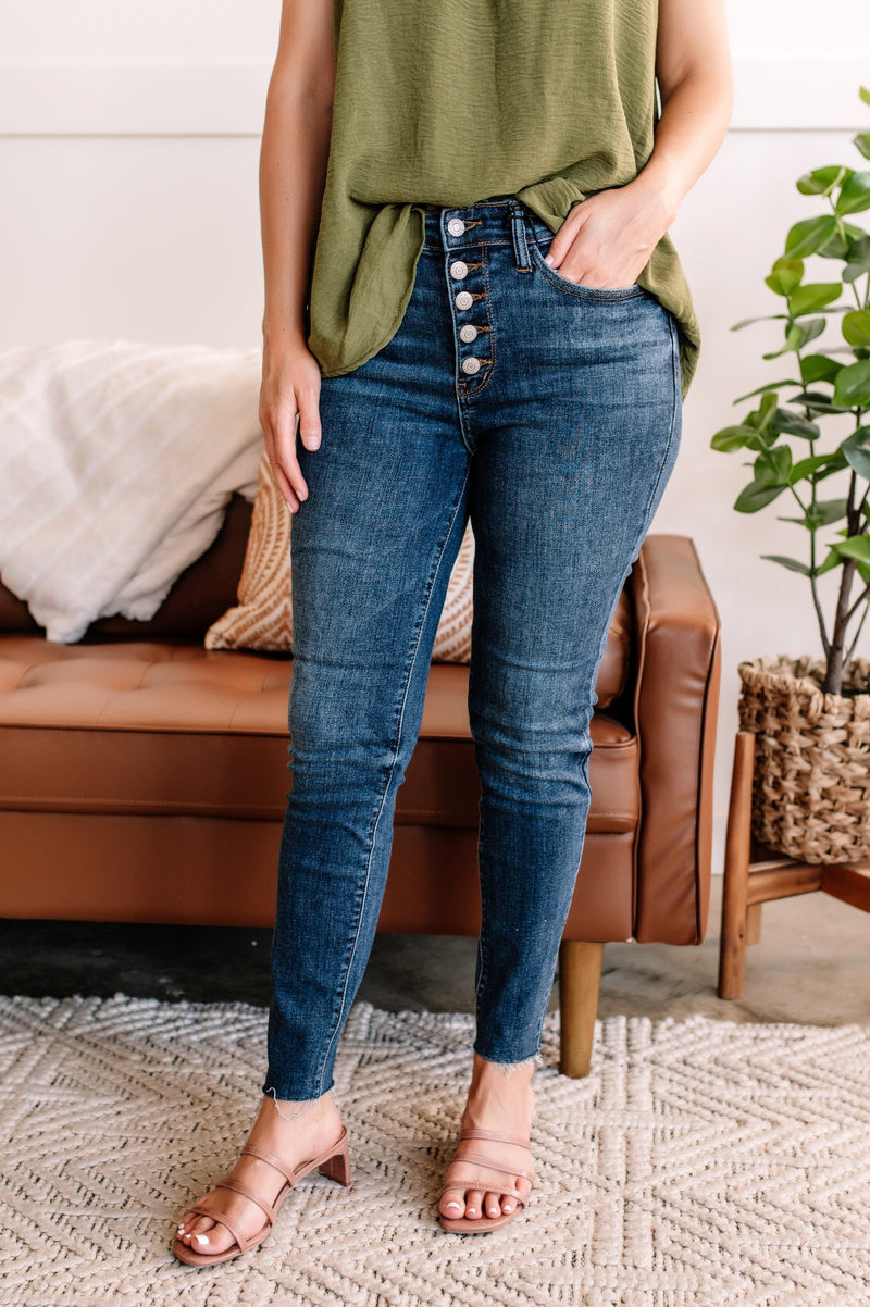 Dark Wash Button Fly Cut Off Jeans by Judy Blue - Maple Row Boutique 