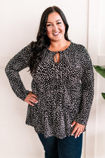 Tie Front Tiered Top In Black & White Animal Print - Maple Row Boutique 