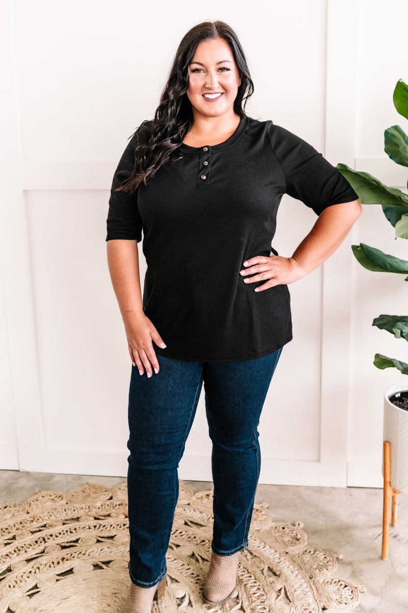 Decorative Button Front Henley Top In Black - Maple Row Boutique 