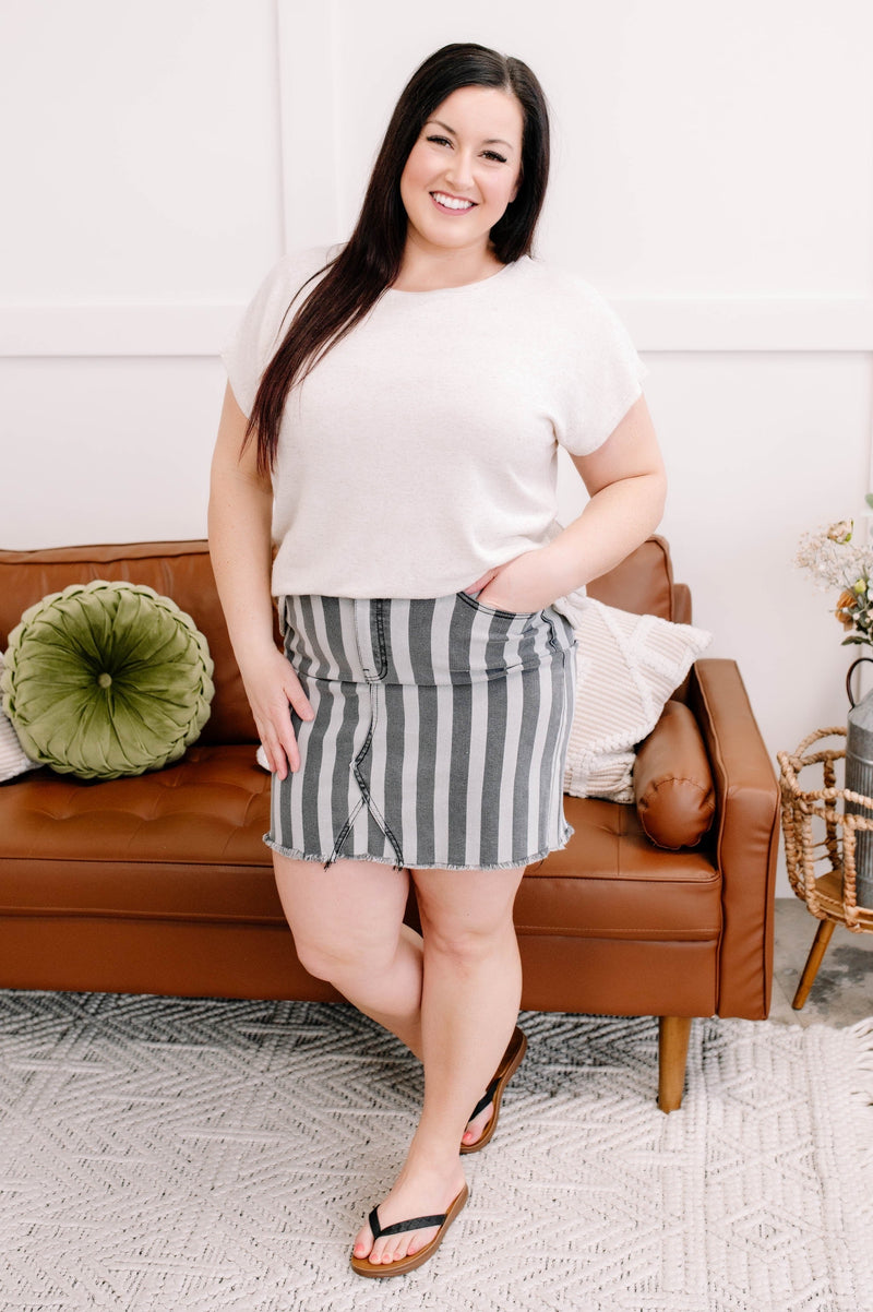 Walk Along Striped Denim Skirt in Charcoal - Maple Row Boutique 