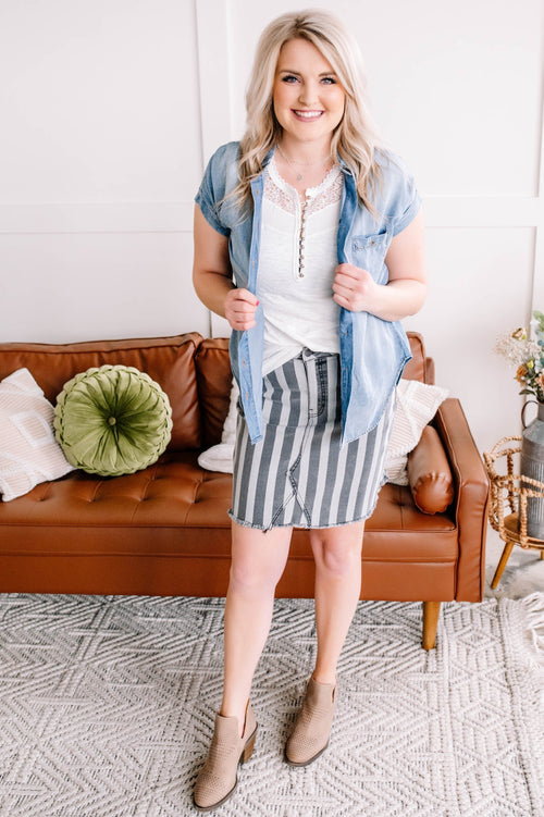 Walk Along Striped Denim Skirt in Charcoal - Maple Row Boutique 