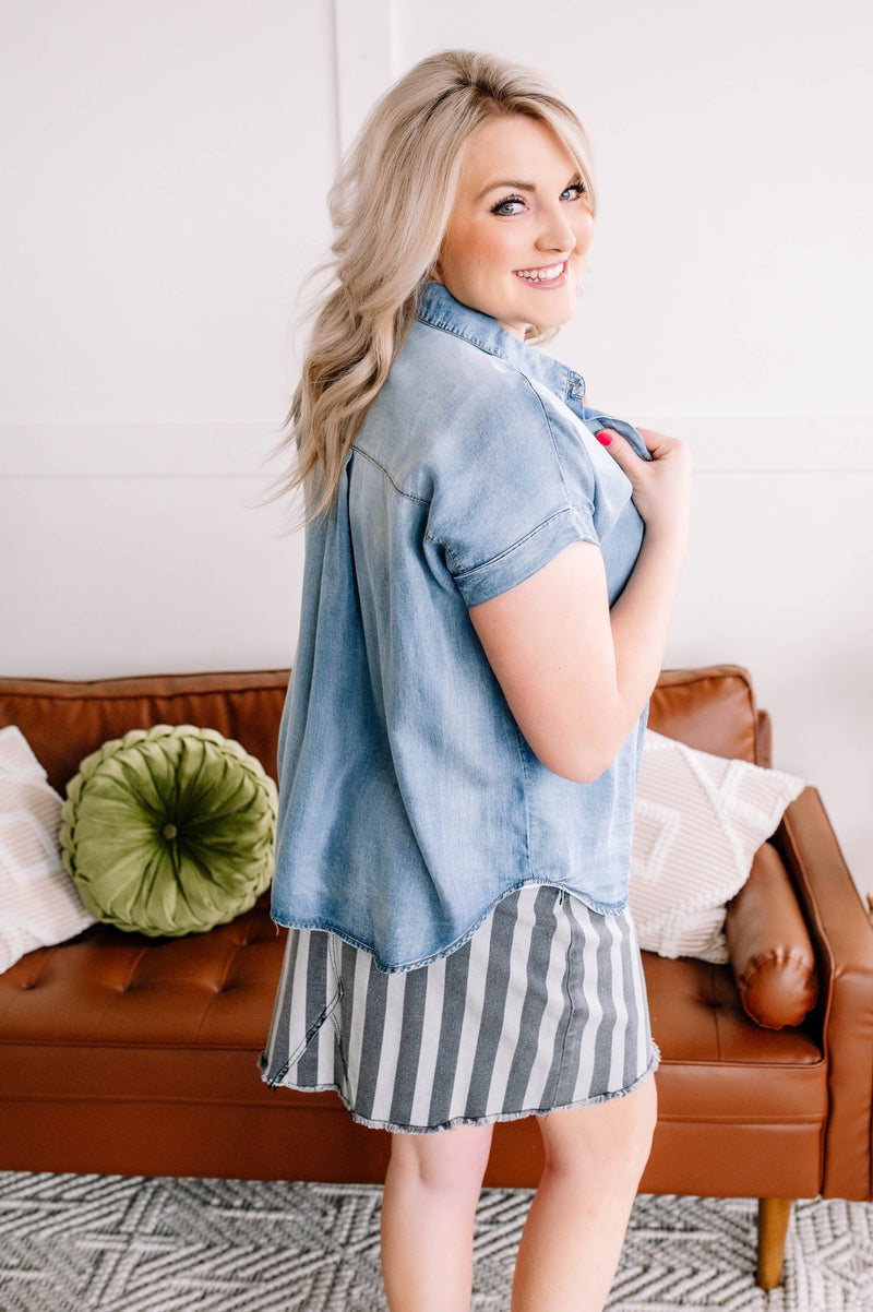 Walk Along Striped Denim Skirt in Charcoal - Maple Row Boutique 