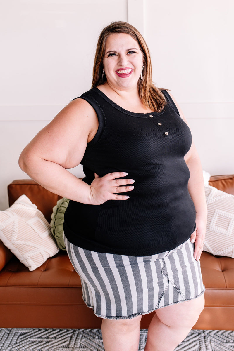 Walk Along Striped Denim Skirt in Charcoal - Maple Row Boutique 