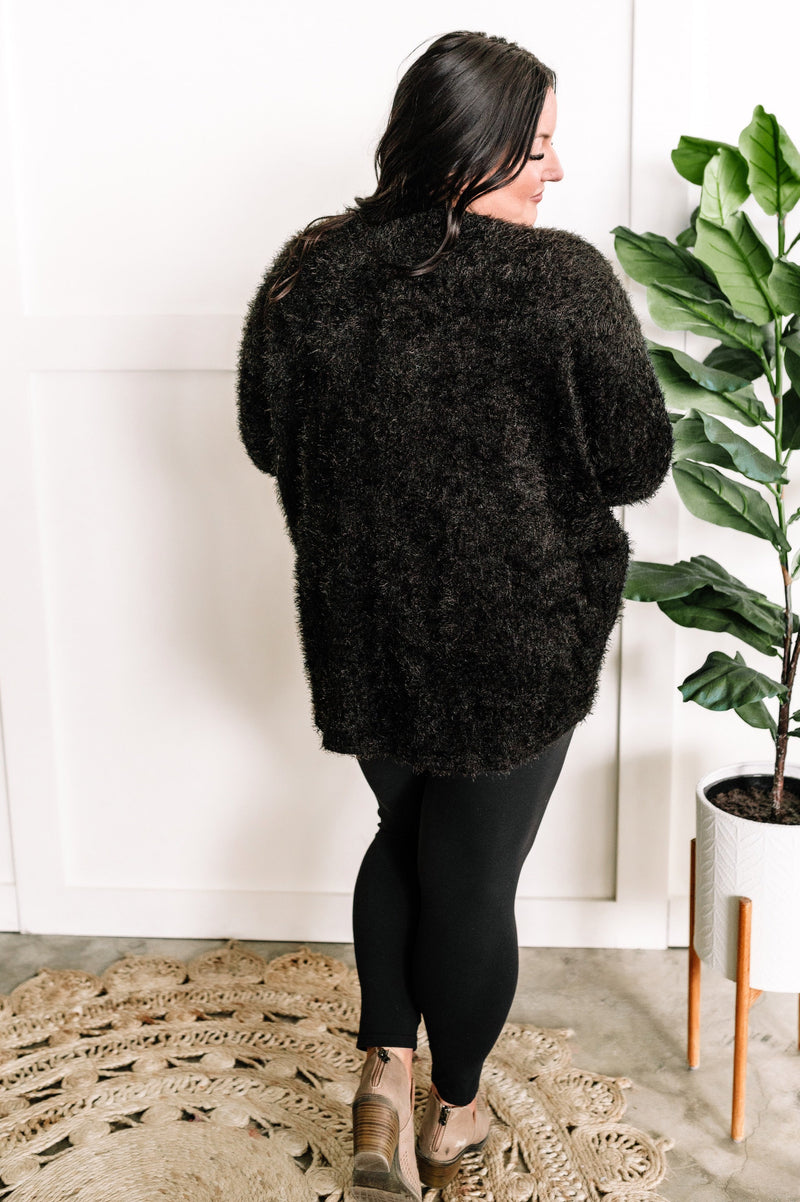 Open Front Feather Cardigan In Black - Maple Row Boutique 