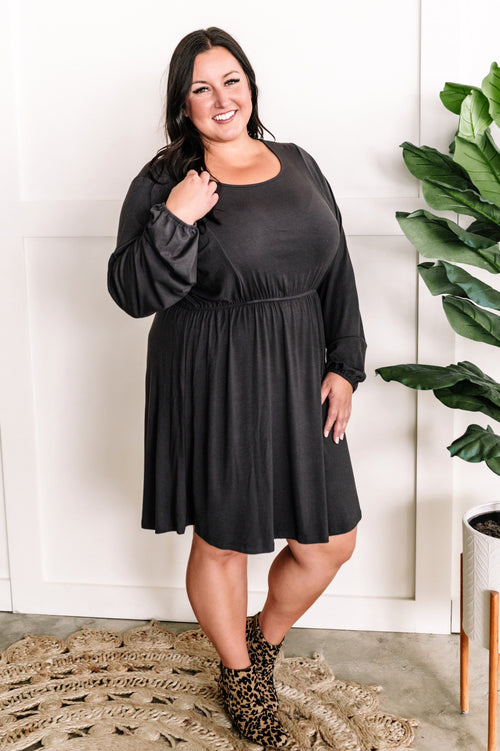French Gray Swing Dress With Flattering Seam Lines - Maple Row Boutique 