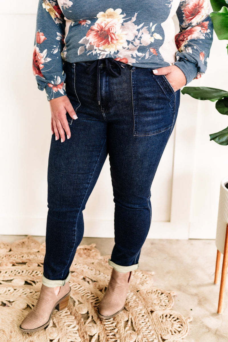 Dark Wash Denim Cuffed Joggers By Judy Blue Jeans - Maple Row Boutique 