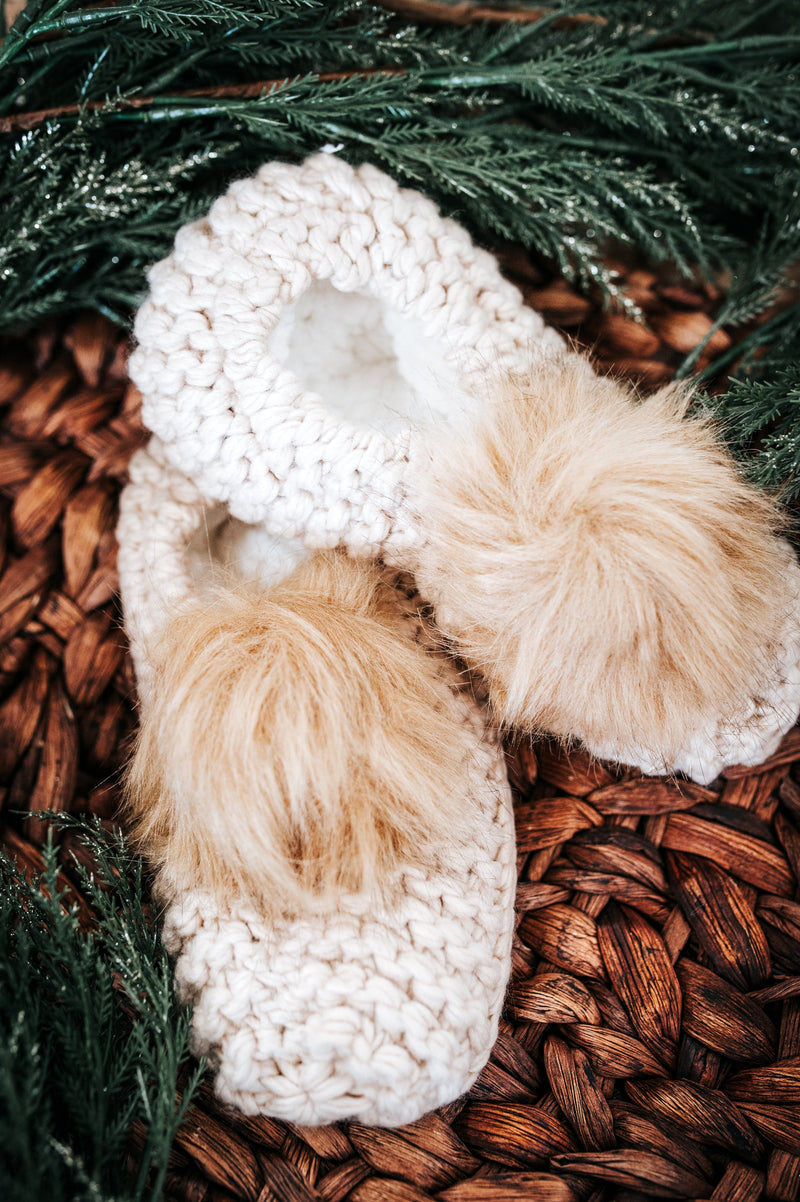 11.24 Knitted Slippers With Pompom Detail In Natural 11.24 - Maple Row Boutique 