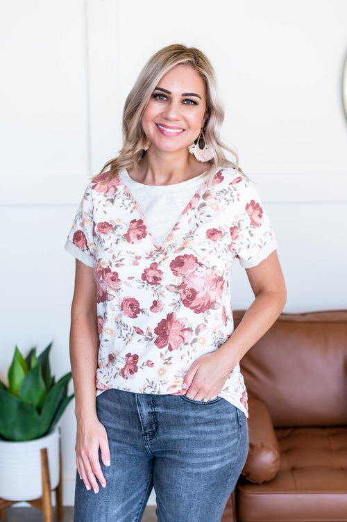 Rose Garden V Neck Detail Top - Maple Row Boutique 