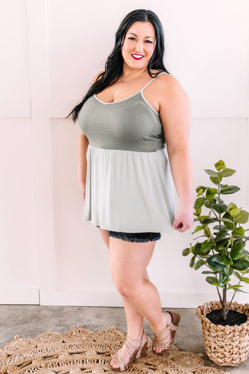 Smocked Babydoll Sleeveless Top In Boutique Sage - Maple Row Boutique 
