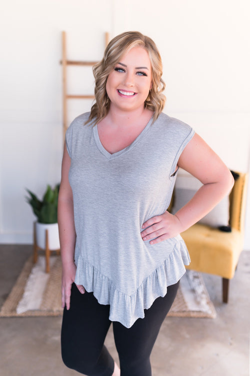 Iron Out The Details Asymmetrical Top In Light Gray - Maple Row Boutique 