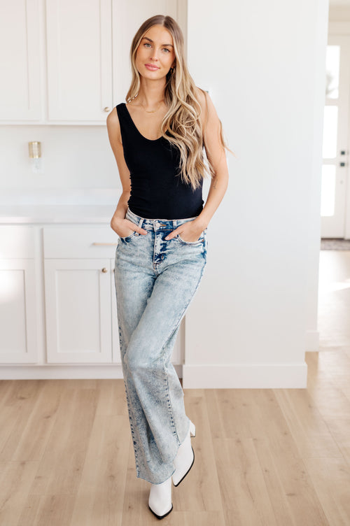 Dory High Waist Mineral Wash Raw Hem Wide Leg Jeans - Maple Row Boutique 