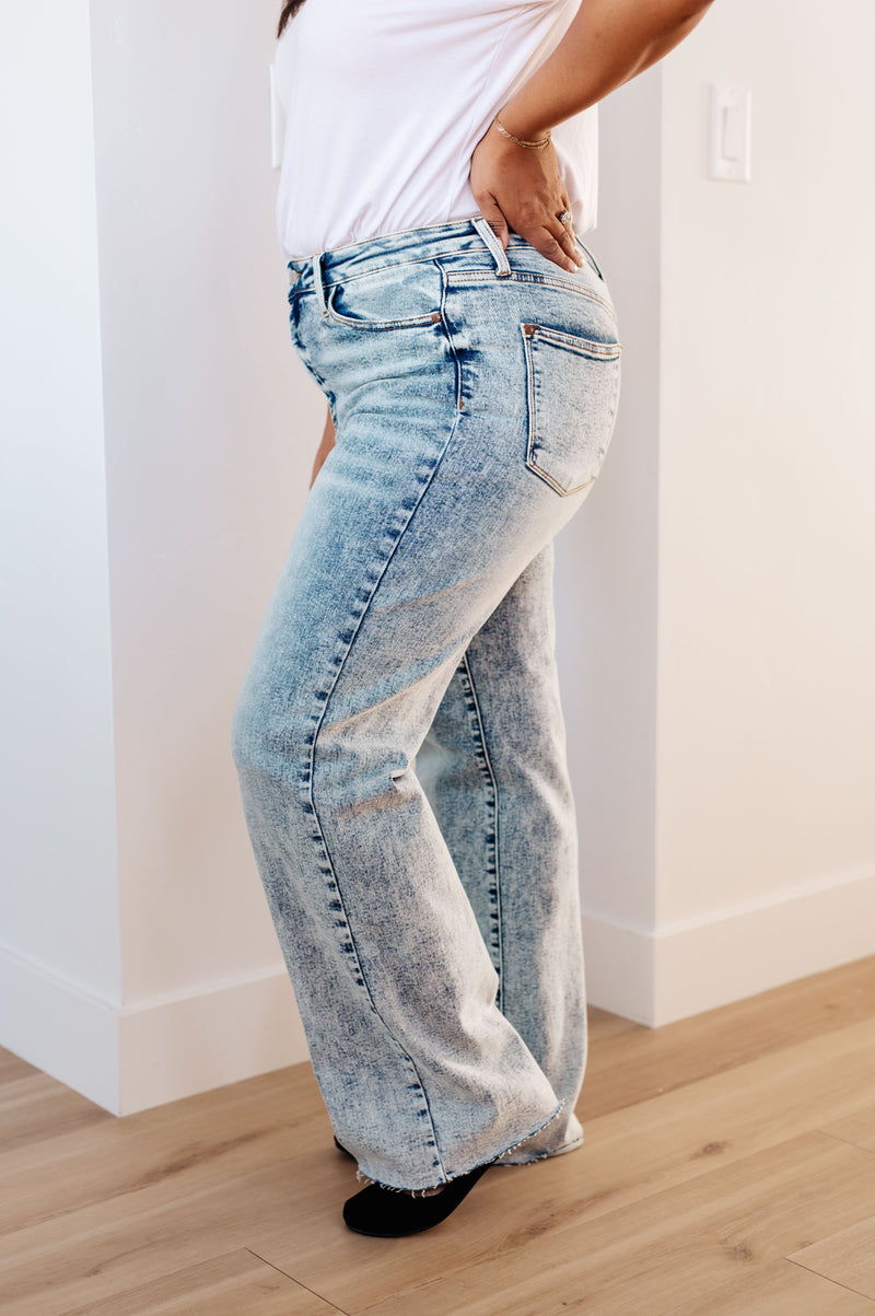 Dory High Waist Mineral Wash Raw Hem Wide Leg Jeans - Maple Row Boutique 