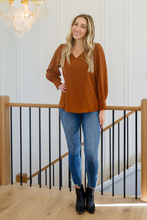 Enjoy This Moment V Neck Blouse In Toffee - Maple Row Boutique 