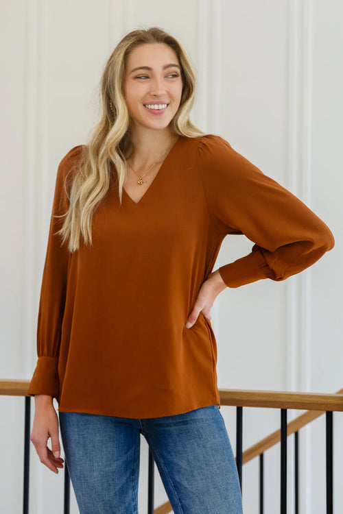 Enjoy This Moment V Neck Blouse In Toffee - Maple Row Boutique 