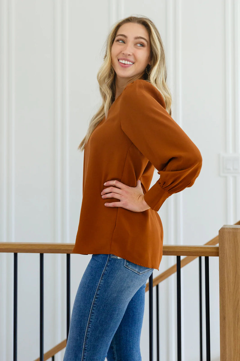 Enjoy This Moment V Neck Blouse In Toffee - Maple Row Boutique 