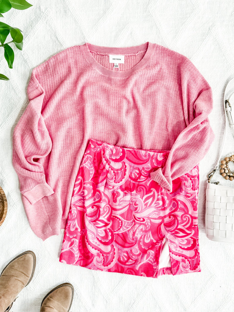 Open Knit Sweater In Pink Bubblegum - Maple Row Boutique 