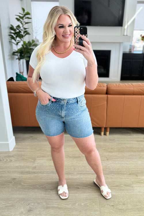 Elle High Rise Rhinestone Cutoff Shorts - Maple Row Boutique 