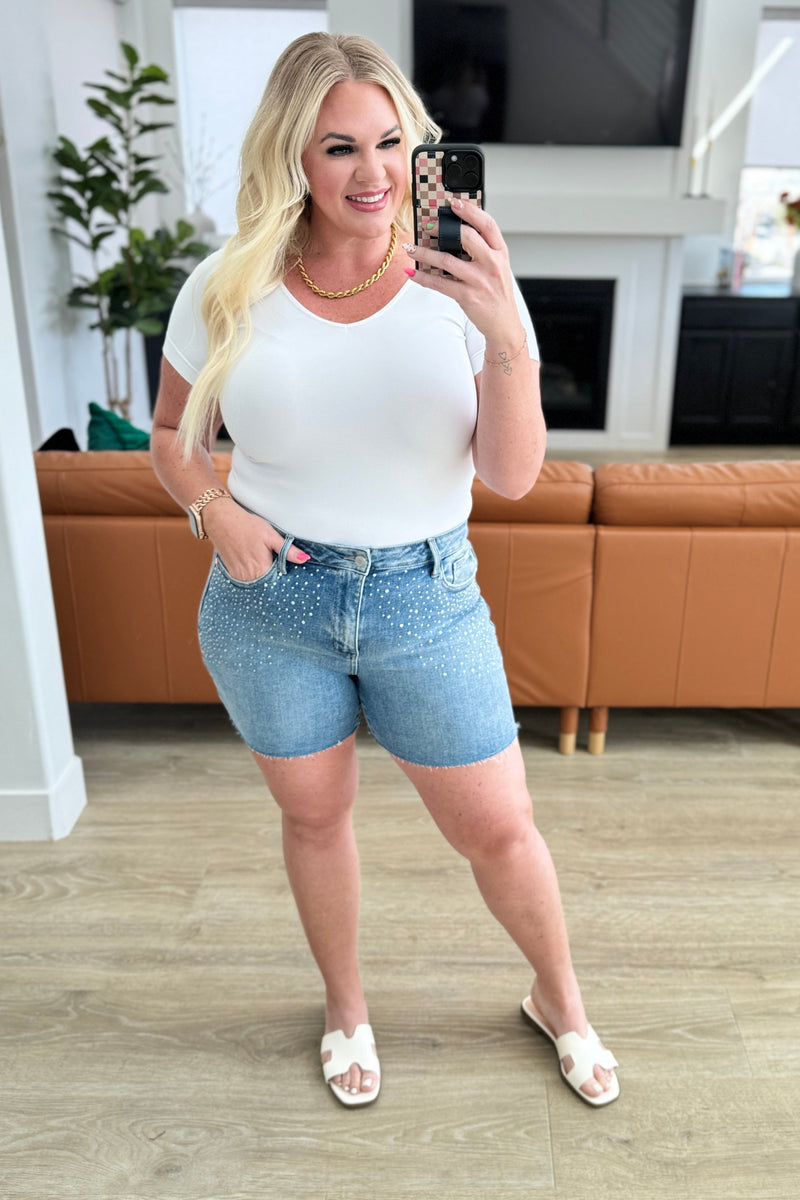 Elle High Rise Rhinestone Cutoff Shorts - Maple Row Boutique 