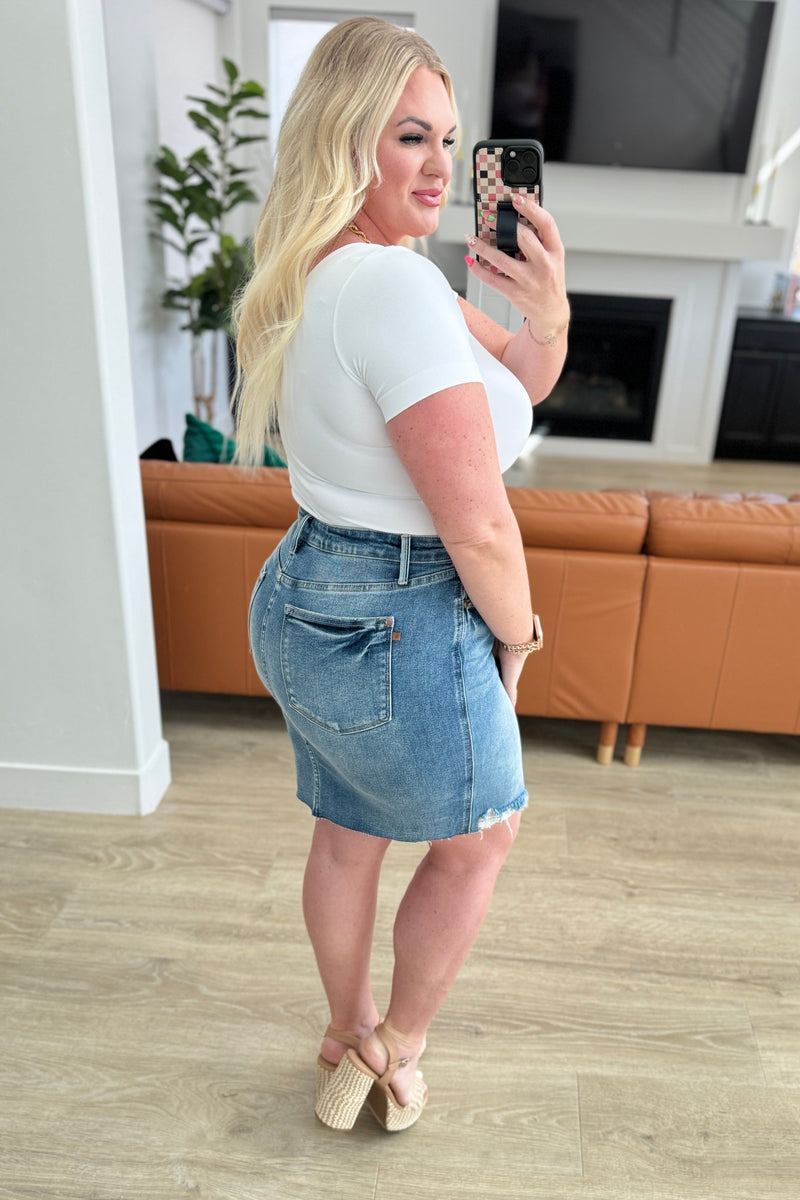 Carol High Rise Rigid Magic Denim Skirt - Maple Row Boutique 