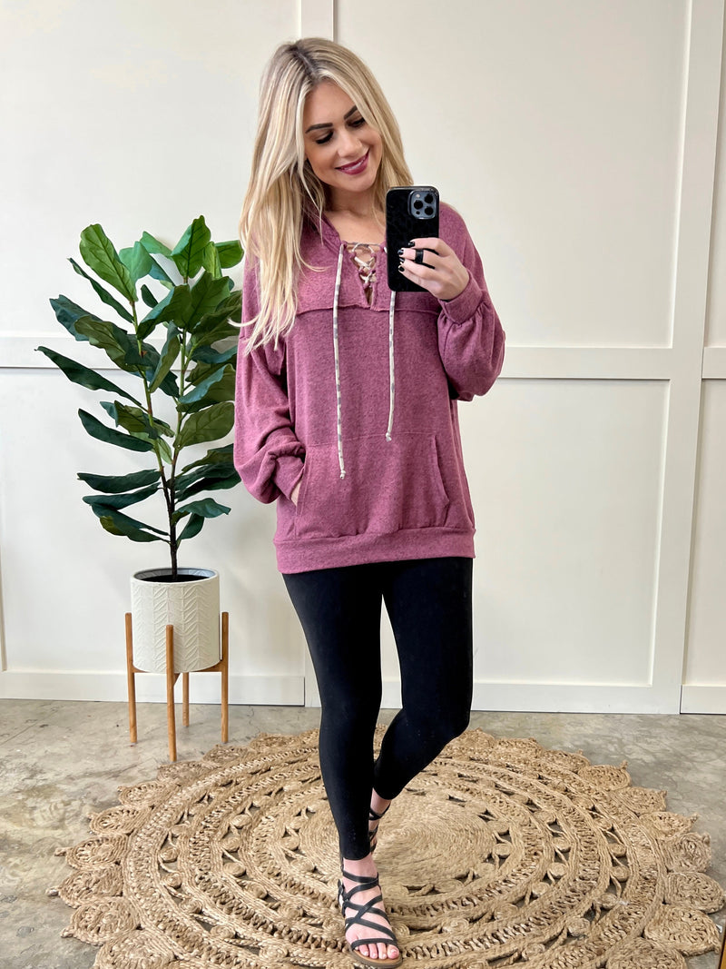 Berry Cashmere Hoodie With Animal Print Lace Up Detail - Maple Row Boutique 