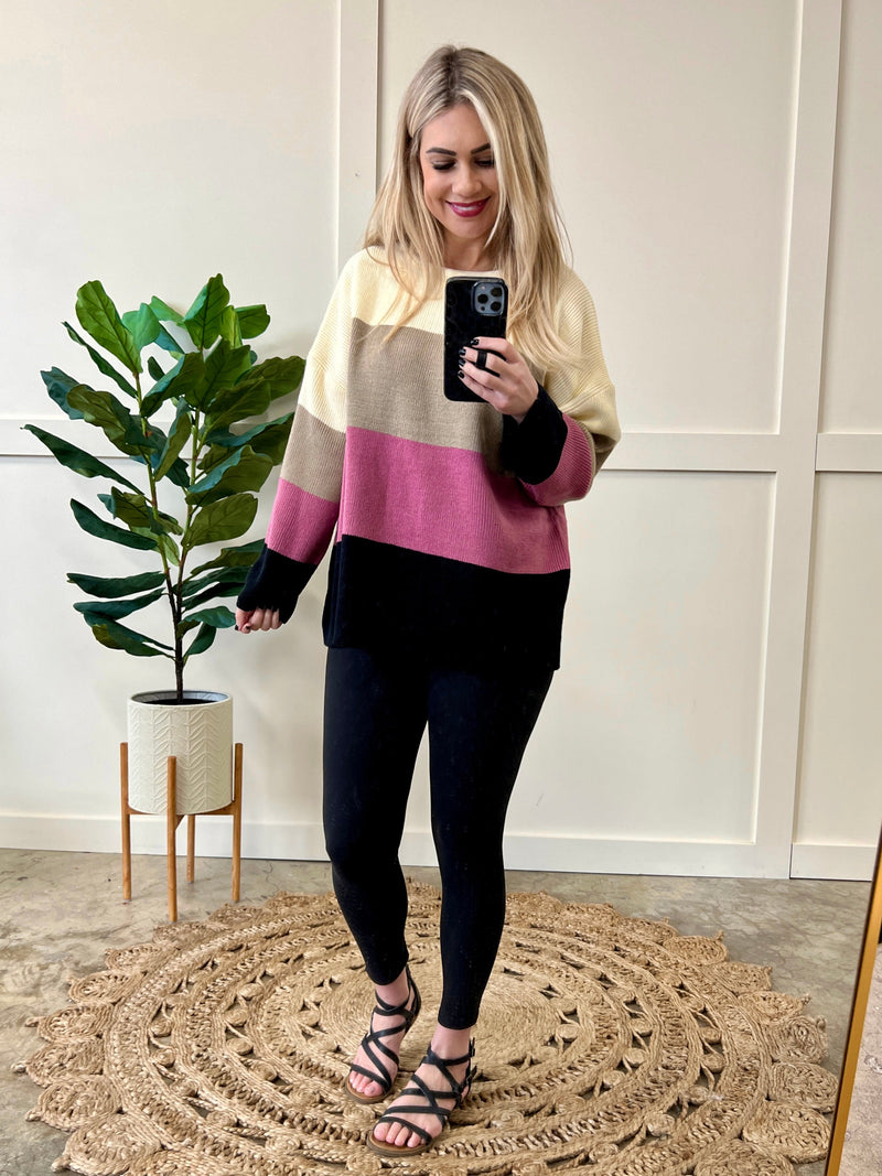 Ivory, Mocha, Berry, & Black Color Block Sweater - Maple Row Boutique 