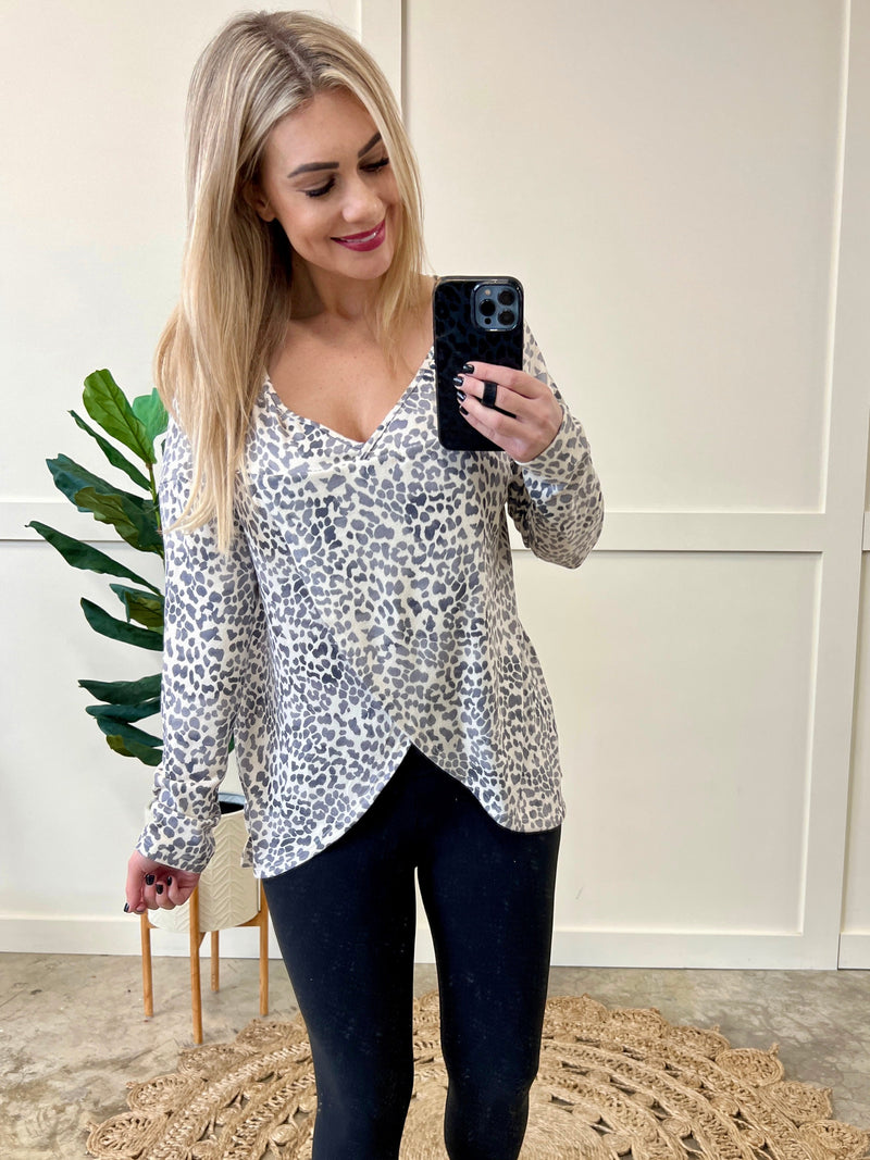 Snow Leopard Wrap Back Detail Top - Maple Row Boutique 