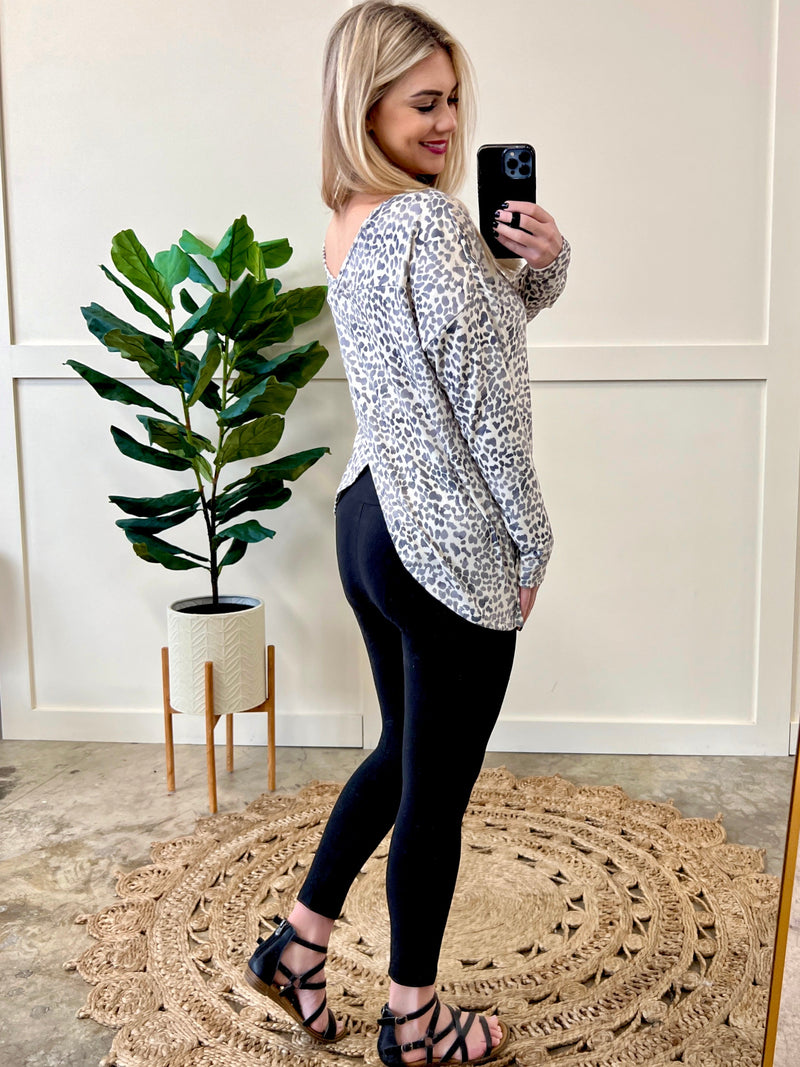 Snow Leopard Wrap Back Detail Top - Maple Row Boutique 