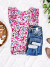 Ruffle Detail Shoulder Blouse In Pink & Blue Florals - Maple Row Boutique 