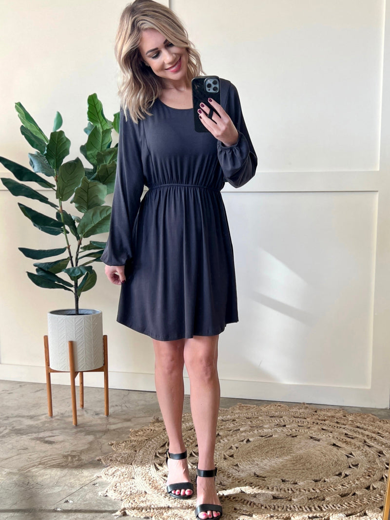 French Gray Swing Dress With Flattering Seam Lines - Maple Row Boutique 