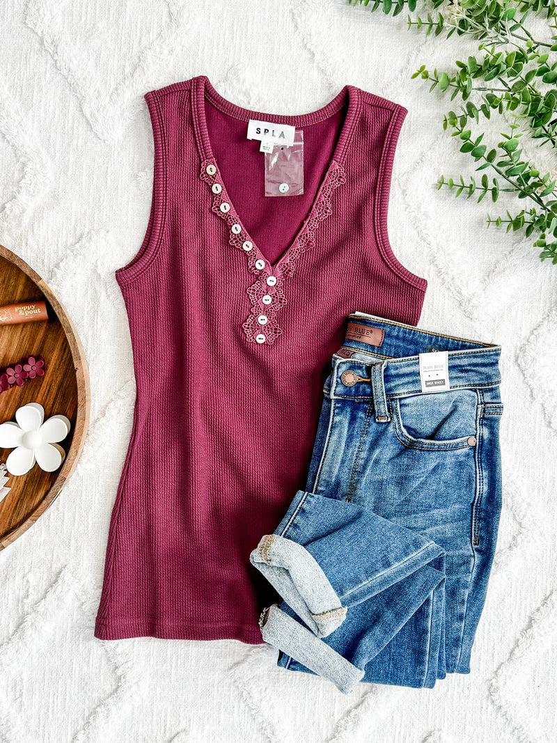 Sleeveless Top With Lace and Button Detail In Berry - Maple Row Boutique 