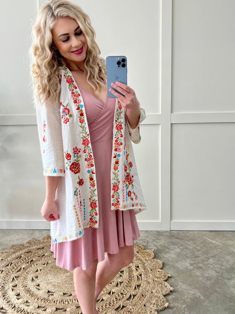 Savanna Jane Open Front Floral Embroidered Cardigan In Cream Floral - Maple Row Boutique 