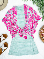 Short Sleeve Kimono In Bright Pink & Teal - Maple Row Boutique 