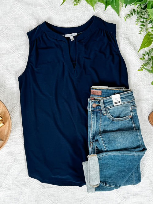 Sleeveless Gabby Front Top In Navy - Maple Row Boutique 