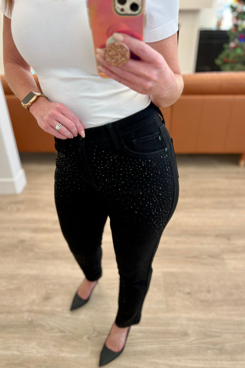 Reese Rhinestone Slim Fit Jeans in Black - Maple Row Boutique 