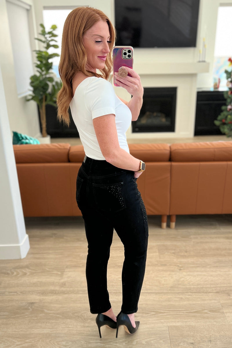Reese Rhinestone Slim Fit Jeans in Black - Maple Row Boutique 