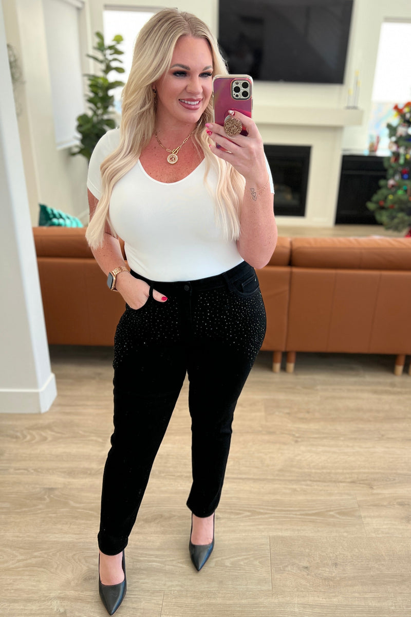 Reese Rhinestone Slim Fit Jeans in Black - Maple Row Boutique 