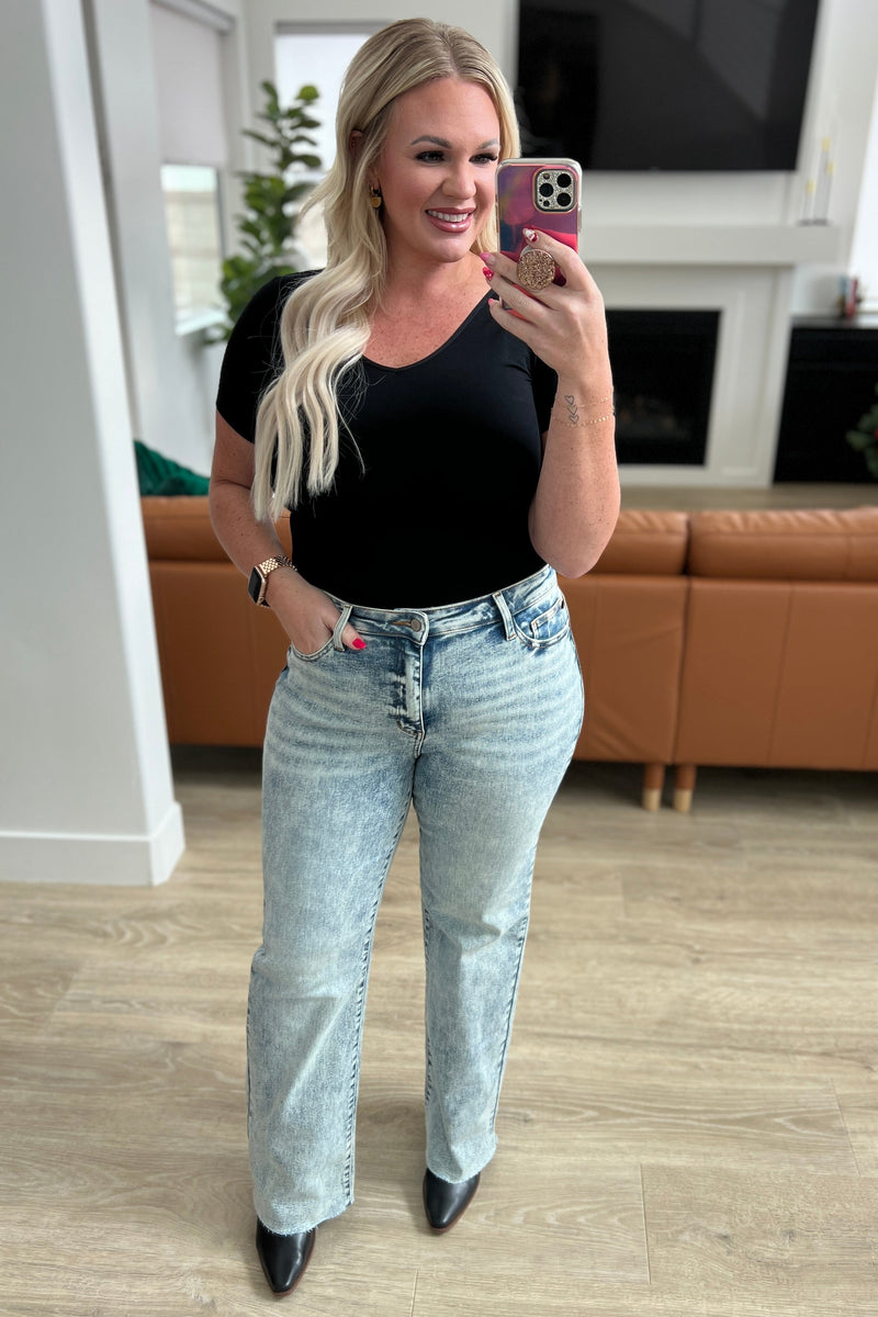 Dory High Waist Mineral Wash Raw Hem Wide Leg Jeans - Maple Row Boutique 